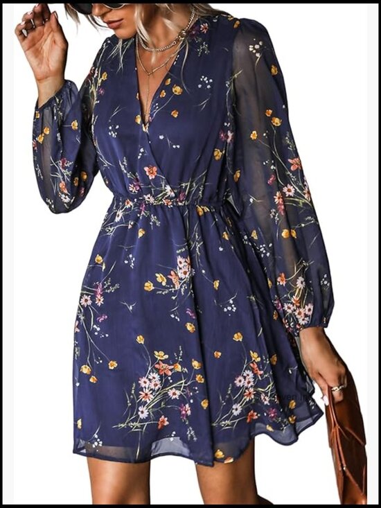 Dresses & Skirts - Chiffon V-Neck Mini Dress with Long Sleeves